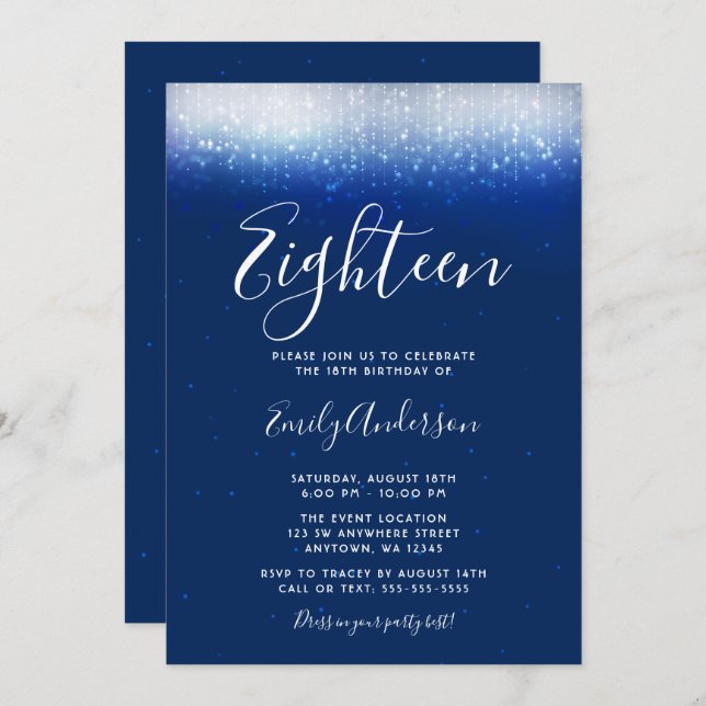 Invitation Glam Navy Blue 18e anniversaire (Devant / Derrière)