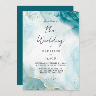 Invitation Glam Navy Blue Aquarelle or Mariage d'encre liquid