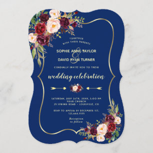 Invitation Glam Navy Blue Gold Burgundy Floral Mariage