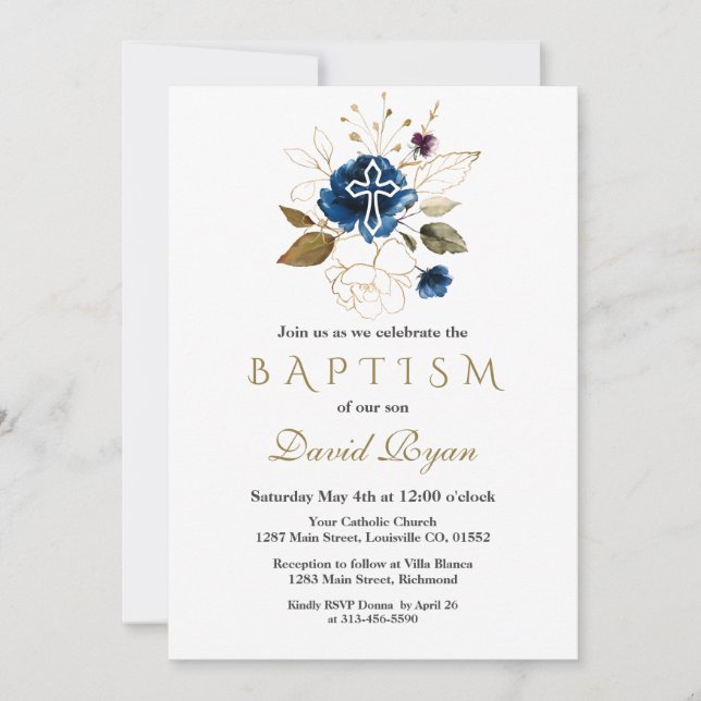 Invitation Glam Navy Blue Gold Floral White Cross Boy Baptême (Devant)