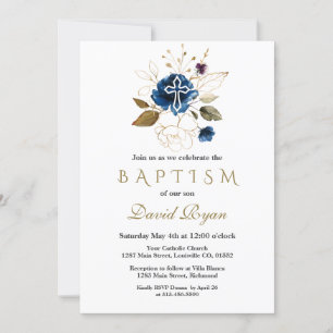 Invitation Glam Navy Blue Gold Floral White Cross Boy Baptême