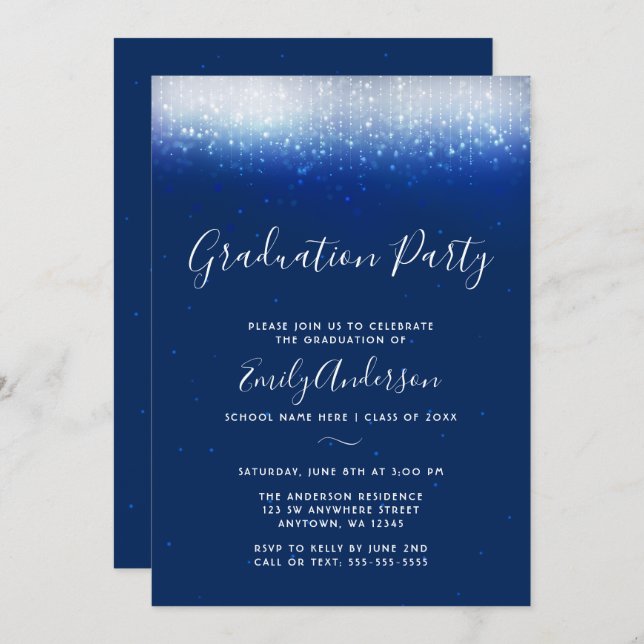 Invitation Glam Navy Blue Graduation Party (Devant / Derrière)