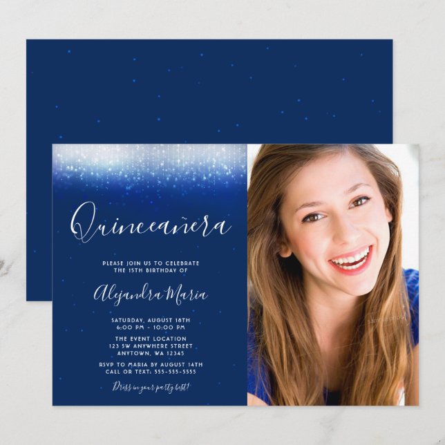 Invitation Glam Navy Blue Quinceanera Photo (Devant / Derrière)
