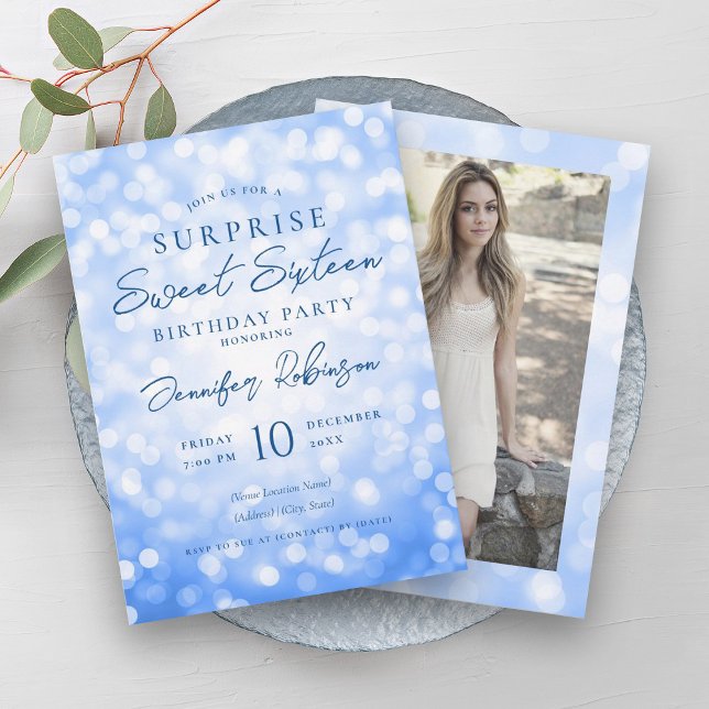 Invitation Glam Navy Lights Photo SURPRISE Sweet 16 (Glam Navy Lights Photo SURPRISE Sweet 16 Invitation)