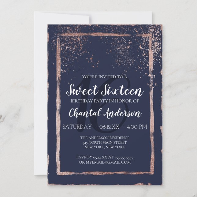 Invitation Glam Navy Rose Gold Confetti Brushstroke Sweet 16 (Devant)