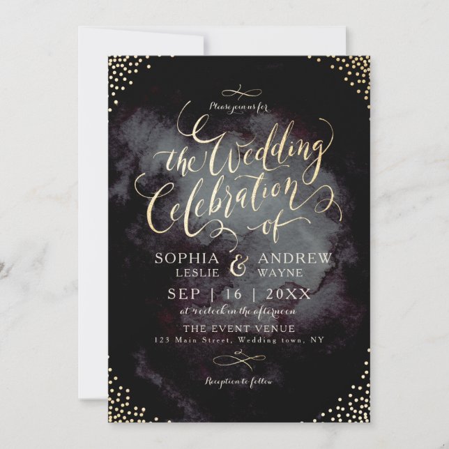 Invitation Glam noir faux or parties scintillant calligraphie (Devant)