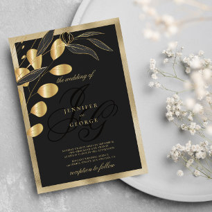Invitation Glam noir or monogramme initiales mariage floral