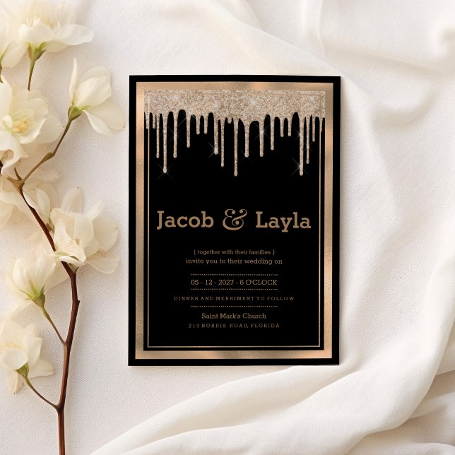 Invitation Glam noir rose or parties scintillant gouttes mari (Glam black rose gold glitter drips border wedding)