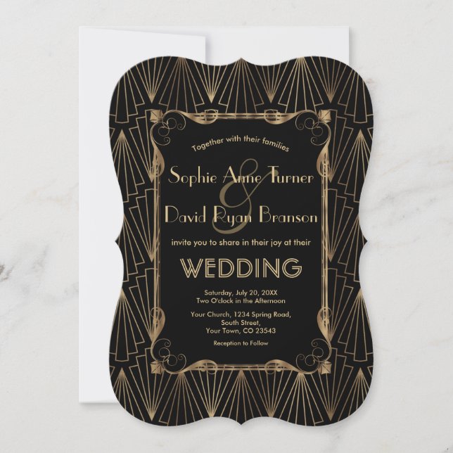 Invitation Glam Old Hollywood Gold Black Great Gatsby Mariage (Devant)