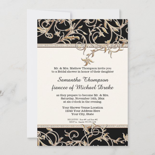 Invitation Glam Old Hollywood Regency Fête des mariées noire (Dos)