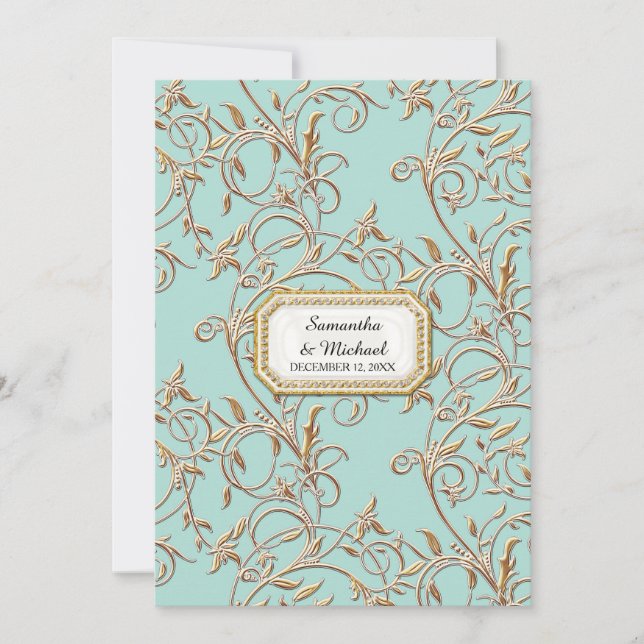 Invitation Glam Old Hollywood Regency Gold Foliage Aqua (Devant)