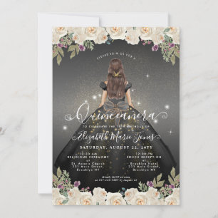 Invitation Glam or blanc noir floral Princesse Quinceanera
