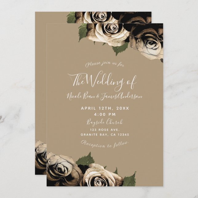 Invitation Glam Or Floral Roses Élégant Tan Mariage (Devant / Derrière)