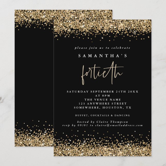 Invitation Glam Or Glitter Quarantième Soirée Noir (Devant / Derrière)