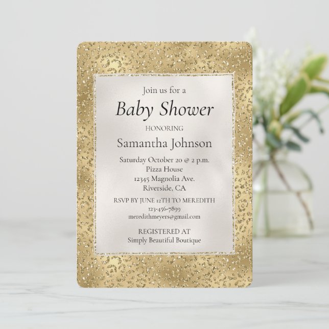 Invitation Glam or Glitzy Parties scintillant Baby shower léo (Debout devant)