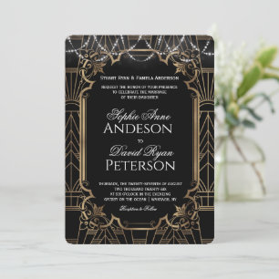 Invitation Glam Or Grand Gatsby Mariage Noir Art Déco 20s