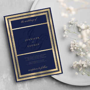 Invitation Glam or marine bleu monogramme initiales mariage