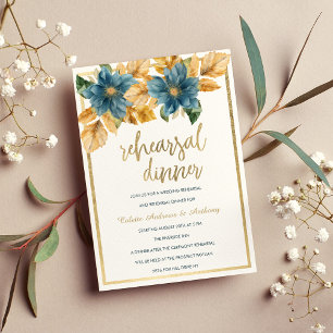 Invitation Glam or marine bleu vert floral Rehearsal Dîner