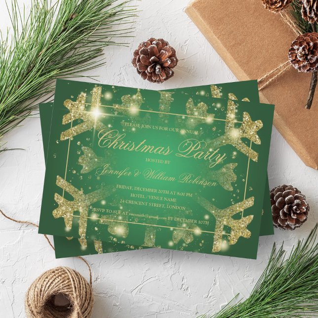 Invitation Glam or Parties scintillant Fluge de neige Xmas Ho (Gold Glam Glitter Snowflake Xmas Holiday Green Invitation)