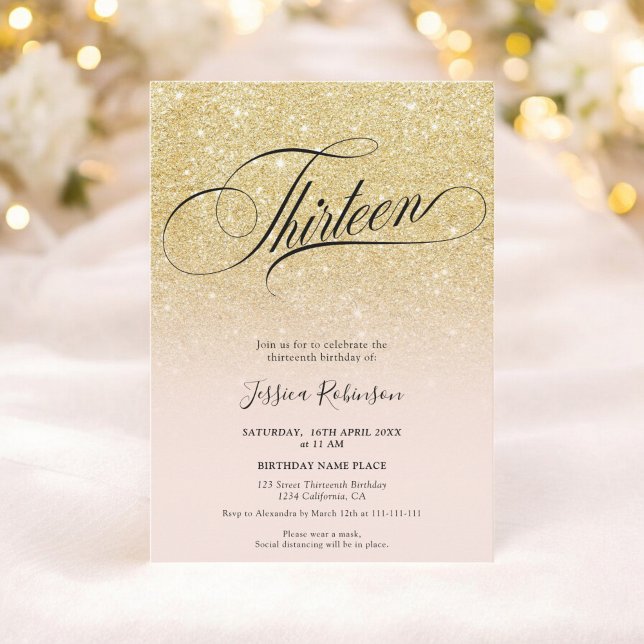 Invitation Glam or parties scintillant ombre chic script rose (Glam gold glitter ombre chic script pink Thirteen Invitation)