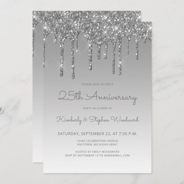Invitation Glam Parties scintillant Drip Silver 25e anniversa (Devant / Derrière)