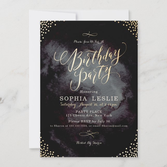 Invitation Glam parties scintillant en or noir calligraphie f (Devant)