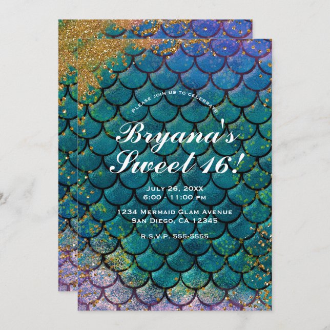Invitation Glam Parties scintillant rose or Turquoise sirène  (Devant / Derrière)