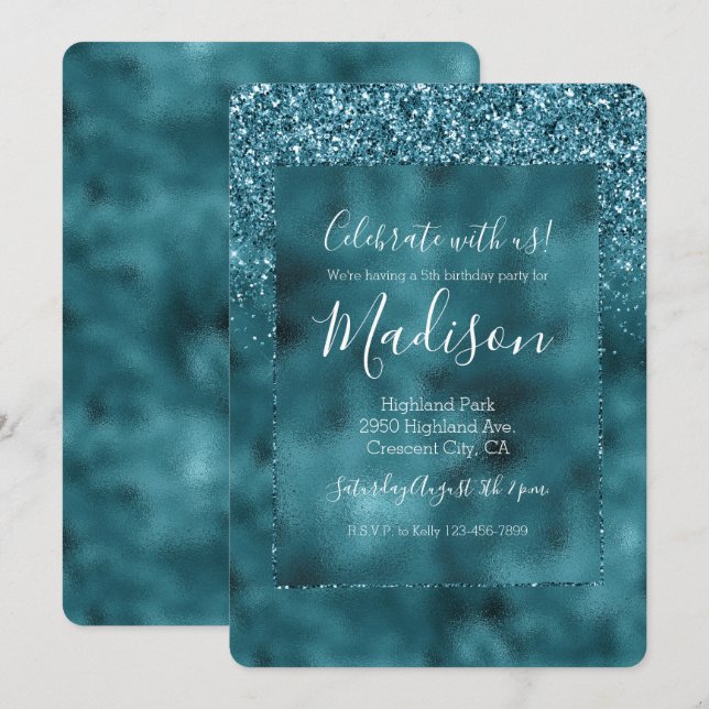 Invitation Glam Parties scintillant turquoise Glitz (Devant / Derrière)
