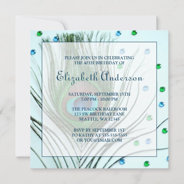 Invitation Glam Peacock Feather 40th Birthday Party Turquoise (Devant)