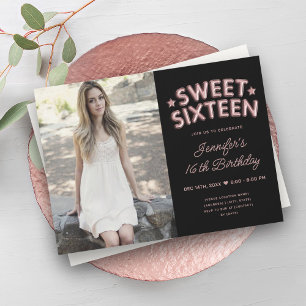 Invitation Glam Photo Rose Gold Black Balloons Sweet 16