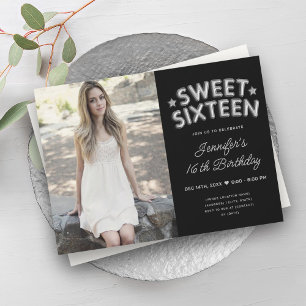 Invitation Glam Photo Silver Black Balloons Sweet 16
