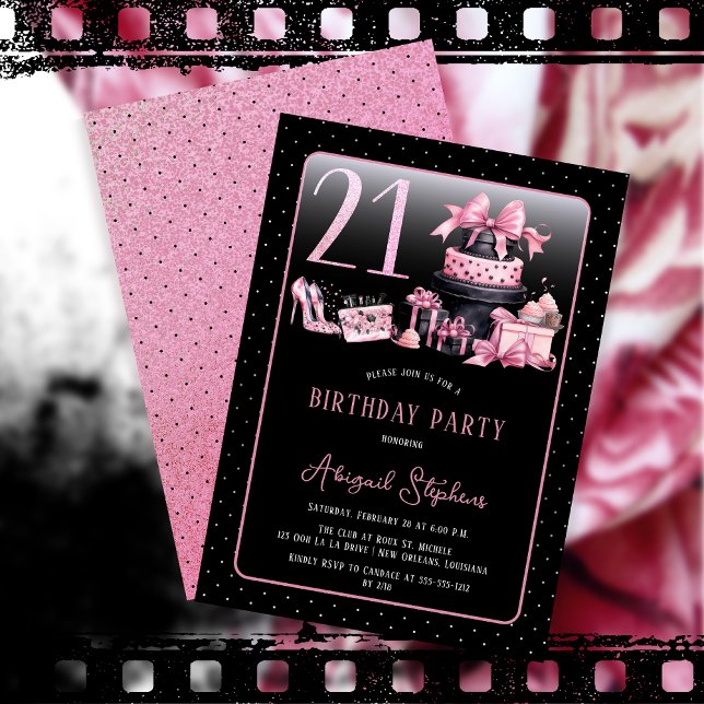 Invitation Glam Pink Black Fashion 21ème anniversaire (Glam Pink and Black French Couture Fashion 21st Birthday Party Invitation)