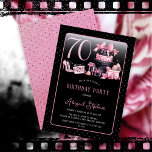 Invitation Glam Pink Black Fashion 70th Birthday Party<br><div class="desc">Glamour français d'inspiration couture, rose et noir "70" 70e anniversaire design avec un gâteau boîte casquette, stilettos roses et un sac de maquillage parmi divers cadeaux d'anniversaire non ouverts et de luscious cupcakes. Parfait pour célébrer des anniversaires. Age est créé dans une police de parties scintillant fausse rose inmodifiable. Merci...</div>