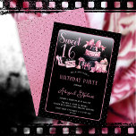 Invitation Glam Pink Black Fashion Sweet 16 Anniversaire<br><div class="desc">Glamour français d'inspiration couture, rose et noir "Sweet 16" 16e anniversaire design avec un gâteau boîte casquette, stilettos roses et un sac de maquillage parmi divers cadeaux d'anniversaire non ouvert et de luscious cupcakes. Parfait pour célébrer des anniversaires. Age est créé dans une police de parties scintillant fausse rose inmodifiable....</div>