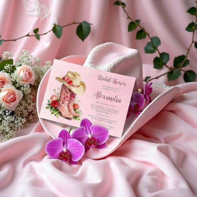 Invitation Glam Pink Cowgirl Boots Bridal Shower (Glamorous Coastal Pink Embroidered Cowgirl Boots and Hat Bridal Shower Invitation.)