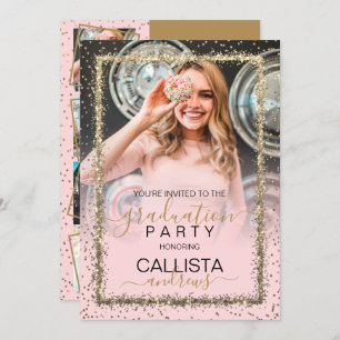 Invitation Glam Pink Gold Confetti Bordure photo Graduation