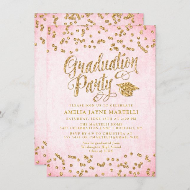 Invitation Glam Pink & Gold Parties scintillant Graduation Pa (Devant / Derrière)