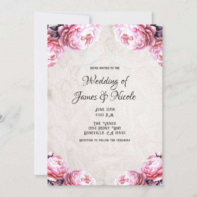 Invitation Glam Pink Peony Flowers Vintage Mariage rustique (Devant)