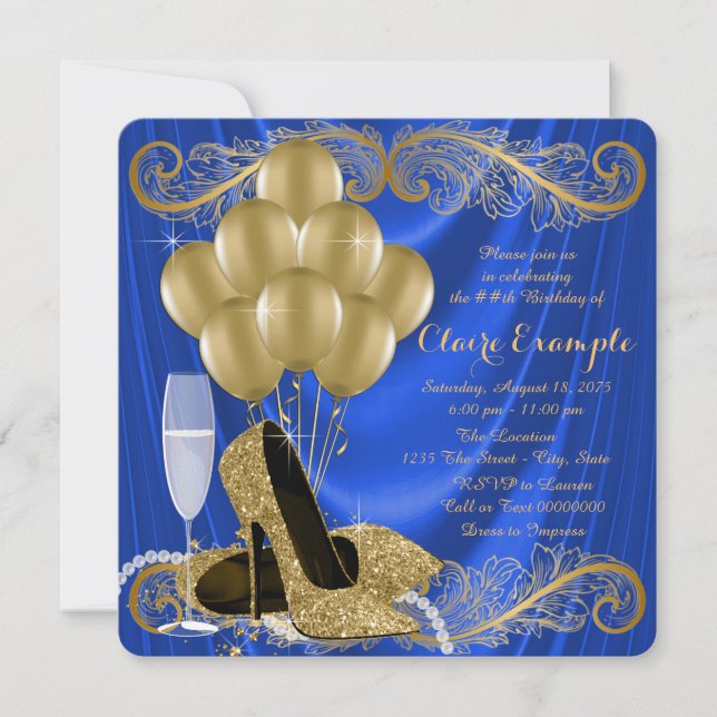 Invitation Glam pour fête d'anniversaire Royal Blue and Gold (Devant)
