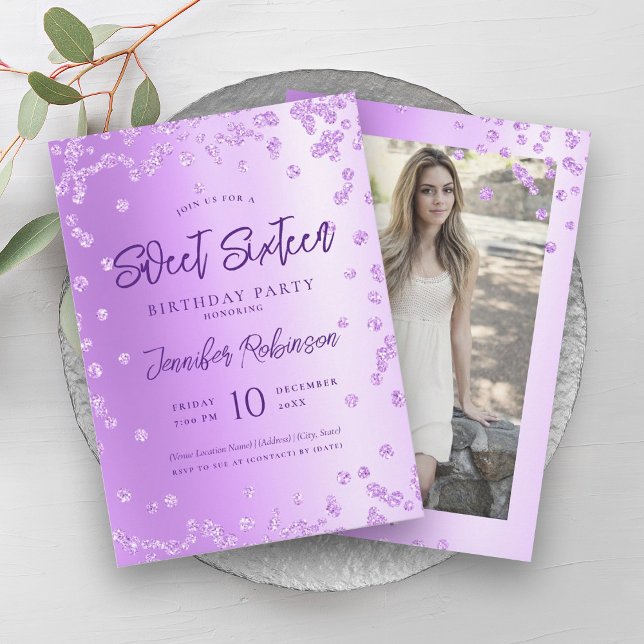 Invitation Glam Purple Chic Parties scintillant Photo Sweet 1 (Glam Purple Chic Glitter Photo Sweet 16 Invitation)