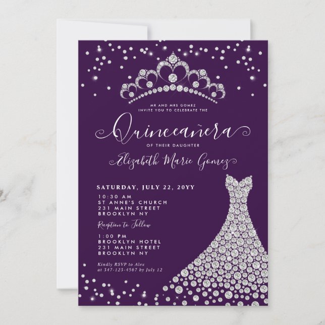 Invitation Glam Purple Diamond Sparkle Tiara Gown Quinceanera (Devant)