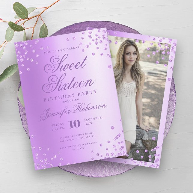 Invitation Glam Purple Parties scintillant à huile Confetti P (Glam Purple Foil Glitter Confetti Photo Sweet 16 Invitation)