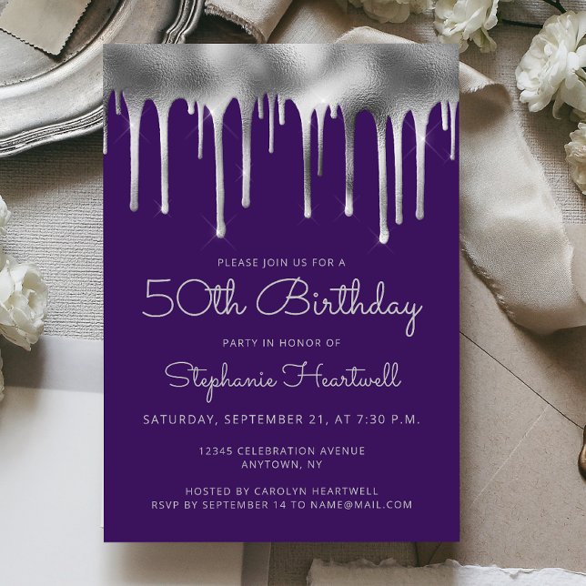 Invitation Glam Purple Silver Dripping Foil 50e anniversaire (Créateur téléchargé)