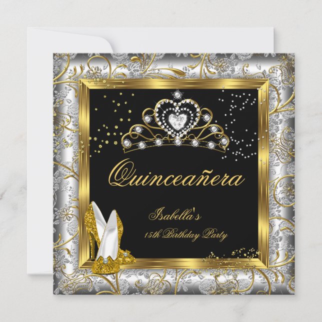 Invitation Glam Quinceañera 15ème Parti Gold Argent Damas (Devant)