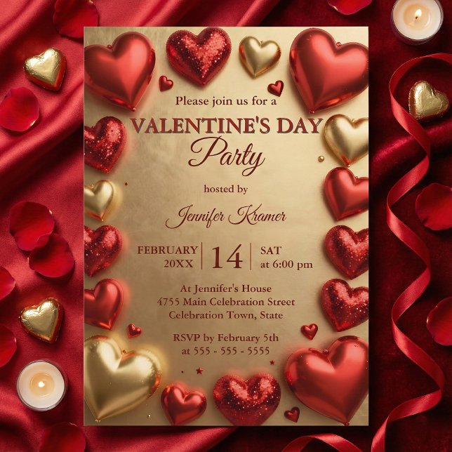 Invitation Glam Red and Gold 3D Hearts Valentine's Day Party (Créateur téléchargé)