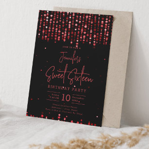 Invitation Glam Red Falling Stars Sweet 16 Anniversaire