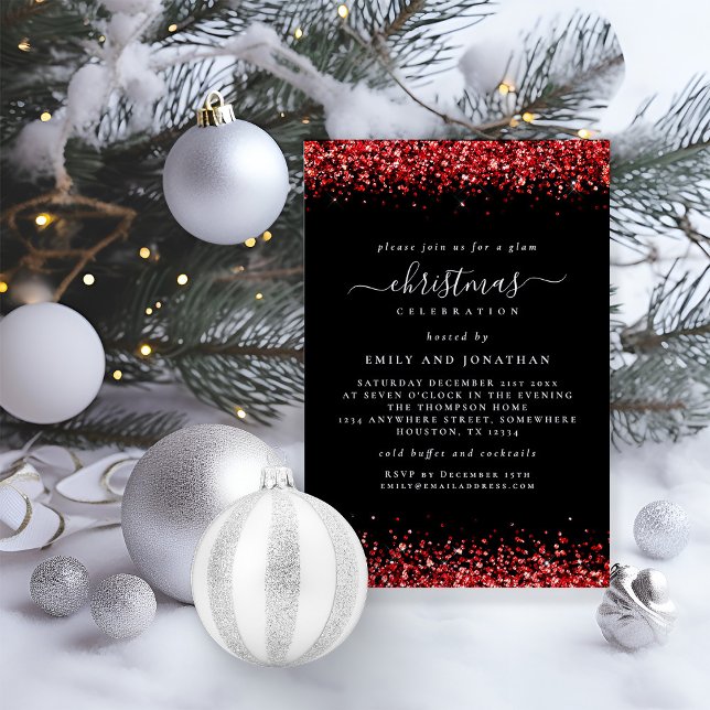 Invitation Glam Red Parties scintillant Noël Noir (Available digitally and printed)