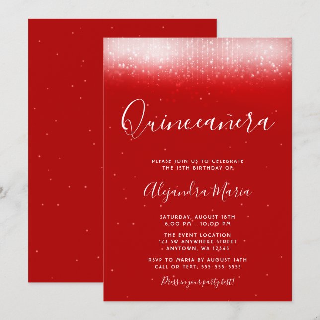 Invitation Glam Red Quinceañera (Devant / Derrière)