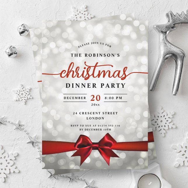 Invitation Glam Red Ribbon Silver Fête de Noël (Glam Red Ribbon Silver Lights Christmas Party Invitation)