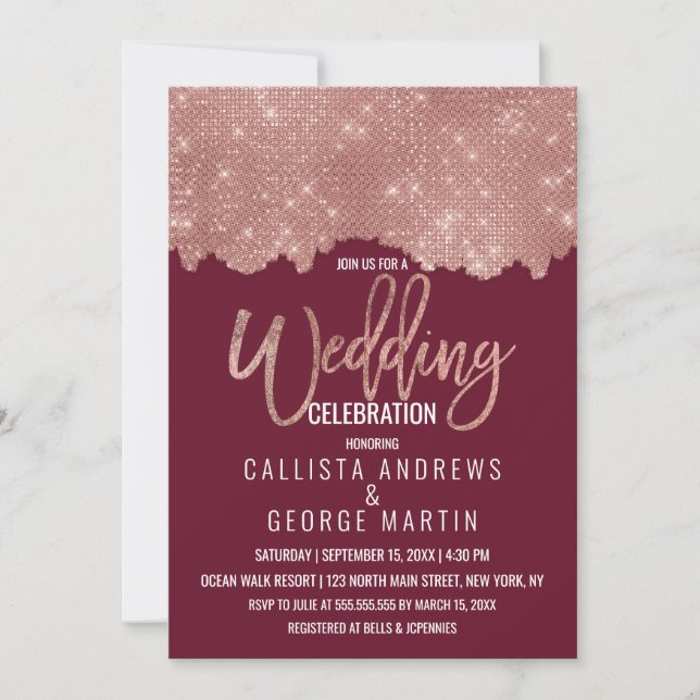 Invitation Glam Red Rose Gold Parties scintillant Couleur Blo (Devant)